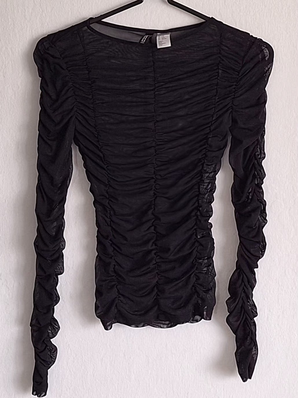 H&M Ruched Mesh Top NWOT Black Sheer Long Sleeve Fitted Crop Going Out Sz XXS